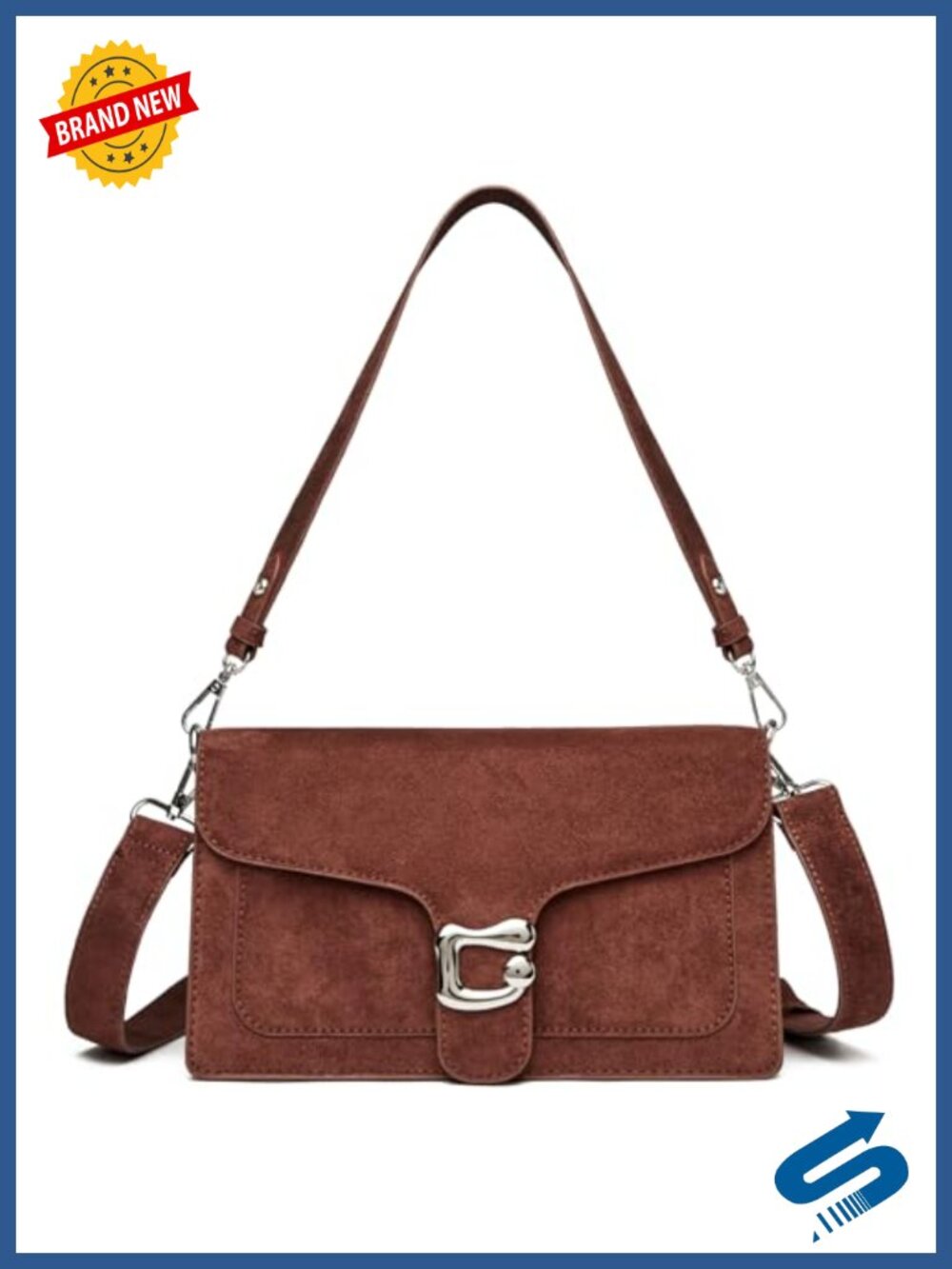 Suede Crossbody Bag with 2 Straps, Wallet & Card Slots, Adjustable